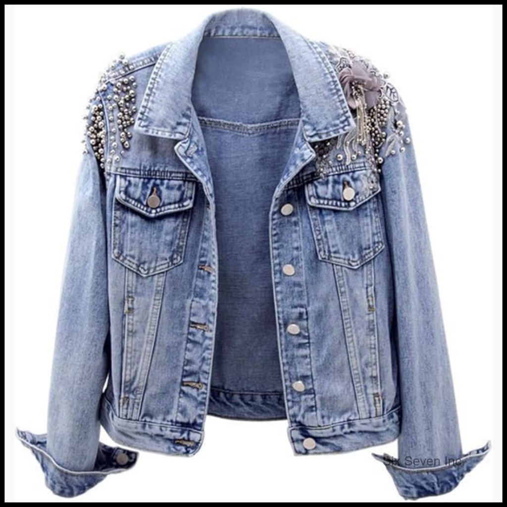Denim Jacket With Studded Detailing, Long Sleeve, Button Closure